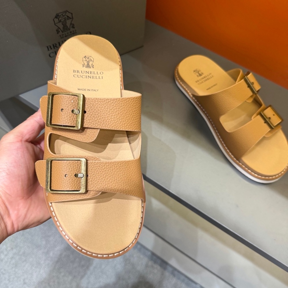 Brunello Cucinelli Beige-Tan Double Buckle Leather Slides - Picture 7 of 9